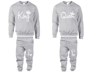 King Queen top and bottom sets. Grey sweatshirt and sweatpants set for men, sweater and jogger pants for women.