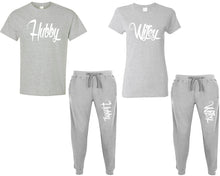 Charger l&#39;image dans la galerie, Hubby and Wifey shirts and jogger pants, matching top and bottom set, Sports Grey t shirts, men joggers, shirt and jogger pants women. Matching couple joggers

