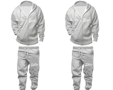 Load image into Gallery viewer, Hubby and Wifey zipper hoodies, Matching couple hoodies, Sports Grey zip up hoodie for man, Sports Grey zip up hoodie womens, Sports Grey jogger pants for man and woman.
