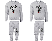 將圖片載入圖庫檢視器 Mr Mrs top and bottom sets. Grey sweatshirt and sweatpants set for men, sweater and jogger pants for women.
