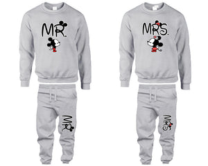 Mr Mrs top and bottom sets. Grey sweatshirt and sweatpants set for men, sweater and jogger pants for women.