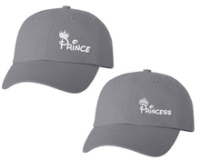 Load image into Gallery viewer, Prince and Princess matching caps for couples, Grey baseball caps.White color Vinyl Design
