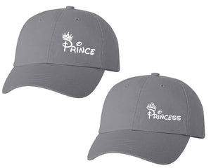 Prince and Princess matching caps for couples, Grey baseball caps.White color Vinyl Design