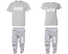 Load image into Gallery viewer, Hubby and Wifey shirts and jogger pants, matching top and bottom set, Sports Grey t shirts, men joggers, shirt and jogger pants women. Matching couple joggers
