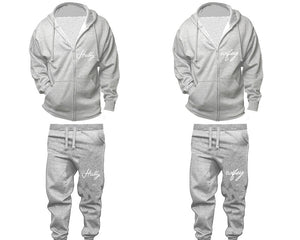 Hubby and Wifey zipper hoodies, Matching couple hoodies, Sports Grey zip up hoodie for man, Sports Grey zip up hoodie womens, Sports Grey jogger pants for man and woman.
