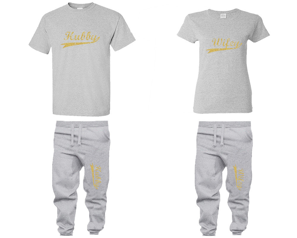 Hubby and Wifey shirts and jogger pants, matching top and bottom set, Sports Grey t shirts, men joggers, shirt and jogger pants women. Matching couple joggers