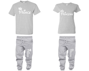 Prince Princess shirts, matching top and bottom set, Grey t shirts, men joggers, shirt and jogger pants women. Matching couple joggers