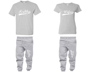 Hubby Wifey shirts, matching top and bottom set, Grey t shirts, men joggers, shirt and jogger pants women. Matching couple joggers