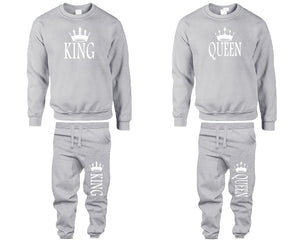 King and Queen top and bottom sets. Sports Grey sweatshirt and sweatpants set for men, sweater and jogger pants for women.
