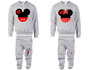 Mickey Minnie top and bottom sets. Grey sweatshirt and sweatpants set for men, sweater and jogger pants for women.