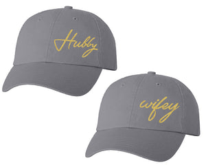 Hubby and Wifey matching caps for couples, Grey baseball caps.Gold Glitter color Vinyl Design