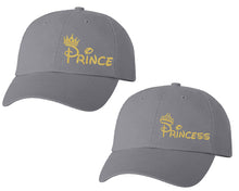Görseli Galeri görüntüleyiciye yükleyin, Prince and Princess matching caps for couples, Grey baseball caps.Gold Glitter color Vinyl Design
