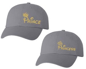 Prince and Princess matching caps for couples, Grey baseball caps.Gold Glitter color Vinyl Design