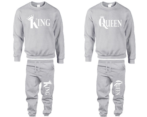 King and Queen top and bottom sets. Sports Grey sweatshirt and sweatpants set for men, sweater and jogger pants for women.