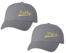 Load image into Gallery viewer, Hubby and Wifey matching caps for couples, Grey baseball caps.Gold Foil color Vinyl Design
