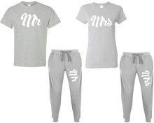 Load image into Gallery viewer, Mr and Mrs shirts and jogger pants, matching top and bottom set, Sports Grey t shirts, men joggers, shirt and jogger pants women. Matching couple joggers
