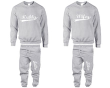 將圖片載入圖庫檢視器 Hubby Wifey top and bottom sets. Grey sweatshirt and sweatpants set for men, sweater and jogger pants for women.
