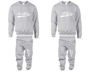 Hubby Wifey top and bottom sets. Grey sweatshirt and sweatpants set for men, sweater and jogger pants for women.