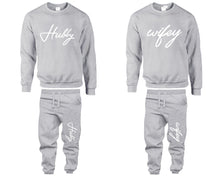 Charger l&#39;image dans la galerie, Hubby Wifey top and bottom sets. Grey sweatshirt and sweatpants set for men, sweater and jogger pants for women.
