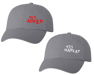 Her Joker and His Harley matching caps for couples, Grey baseball caps.
