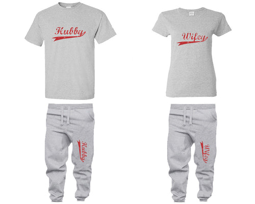 Hubby and Wifey shirts and jogger pants, matching top and bottom set, Sports Grey t shirts, men joggers, shirt and jogger pants women. Matching couple joggers