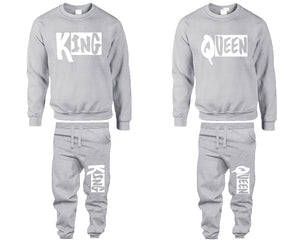 King and Queen top and bottom sets. Sports Grey sweatshirt and sweatpants set for men, sweater and jogger pants for women.