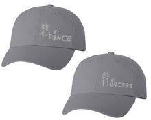 Load image into Gallery viewer, Prince and Princess matching caps for couples, Grey baseball caps.Silver Foil color Vinyl Design

