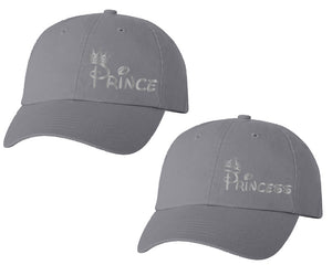 Prince and Princess matching caps for couples, Grey baseball caps.Silver Foil color Vinyl Design