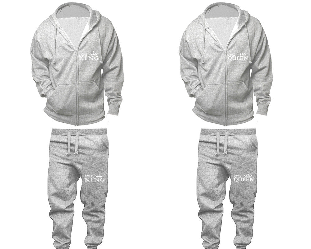 Her King and His Queen zipper hoodies, Matching couple hoodies, Sports Grey zip up hoodie for man, Sports Grey zip up hoodie womens, Sports Grey jogger pants for man and woman.