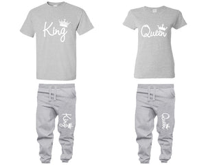 King Queen shirts, matching top and bottom set, Grey t shirts, men joggers, shirt and jogger pants women. Matching couple joggers