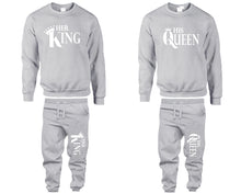 Load image into Gallery viewer, Her King and His Queen top and bottom sets. Sports Grey sweatshirt and sweatpants set for men, sweater and jogger pants for women.
