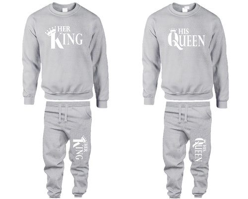 Her King and His Queen top and bottom sets. Sports Grey sweatshirt and sweatpants set for men, sweater and jogger pants for women.