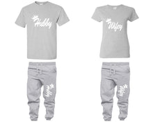 Load image into Gallery viewer, Hubby and Wifey shirts and jogger pants, matching top and bottom set, Sports Grey t shirts, men joggers, shirt and jogger pants women. Matching couple joggers
