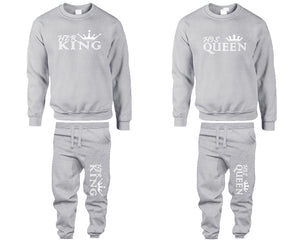 Her King and His Queen top and bottom sets. Sports Grey sweatshirt and sweatpants set for men, sweater and jogger pants for women.