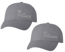 Load image into Gallery viewer, Prince and Princess matching caps for couples, Grey baseball caps.Silver Glitter color Vinyl Design
