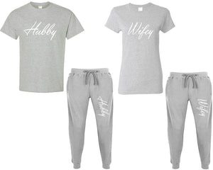 Hubby and Wifey shirts and jogger pants, matching top and bottom set, Sports Grey t shirts, men joggers, shirt and jogger pants women. Matching couple joggers
