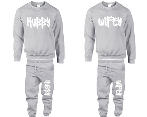 Hubby and Wifey top and bottom sets. Sports Grey sweatshirt and sweatpants set for men, sweater and jogger pants for women.