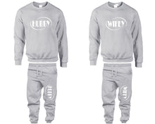 Charger l&#39;image dans la galerie, Hubby and Wifey top and bottom sets. Sports Grey sweatshirt and sweatpants set for men, sweater and jogger pants for women.
