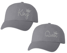 Load image into Gallery viewer, King and Queen matching caps for couples, Grey baseball caps.Silver Glitter color Vinyl Design
