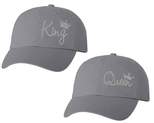 King and Queen matching caps for couples, Grey baseball caps.Silver Glitter color Vinyl Design