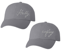Load image into Gallery viewer, Hubby and Wifey matching caps for couples, Grey baseball caps.Silver Foil color Vinyl Design
