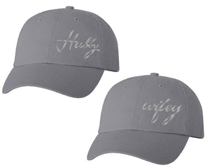 Hubby and Wifey matching caps for couples, Grey baseball caps.Silver Foil color Vinyl Design