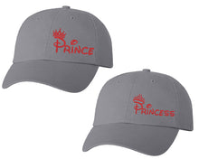 Load image into Gallery viewer, Prince and Princess matching caps for couples, Grey baseball caps.Red Glitter color Vinyl Design
