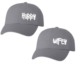 Hubby and Wifey matching caps for couples, Grey baseball caps.