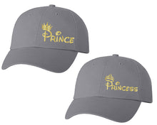 Load image into Gallery viewer, Prince and Princess matching caps for couples, Grey baseball caps.Gold Foil color Vinyl Design
