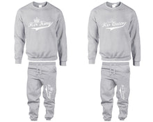 Load image into Gallery viewer, Her King His Queen top and bottom sets. Grey sweatshirt and sweatpants set for men, sweater and jogger pants for women.
