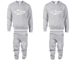 Her King His Queen top and bottom sets. Grey sweatshirt and sweatpants set for men, sweater and jogger pants for women.