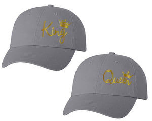 King and Queen matching caps for couples, Grey baseball caps.Gold Foil color Vinyl Design