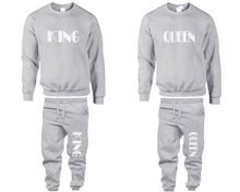 將圖片載入圖庫檢視器 King and Queen top and bottom sets. Sports Grey sweatshirt and sweatpants set for men, sweater and jogger pants for women.
