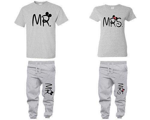 Mr Mrs shirts, matching top and bottom set, Grey t shirts, men joggers, shirt and jogger pants women. Matching couple joggers